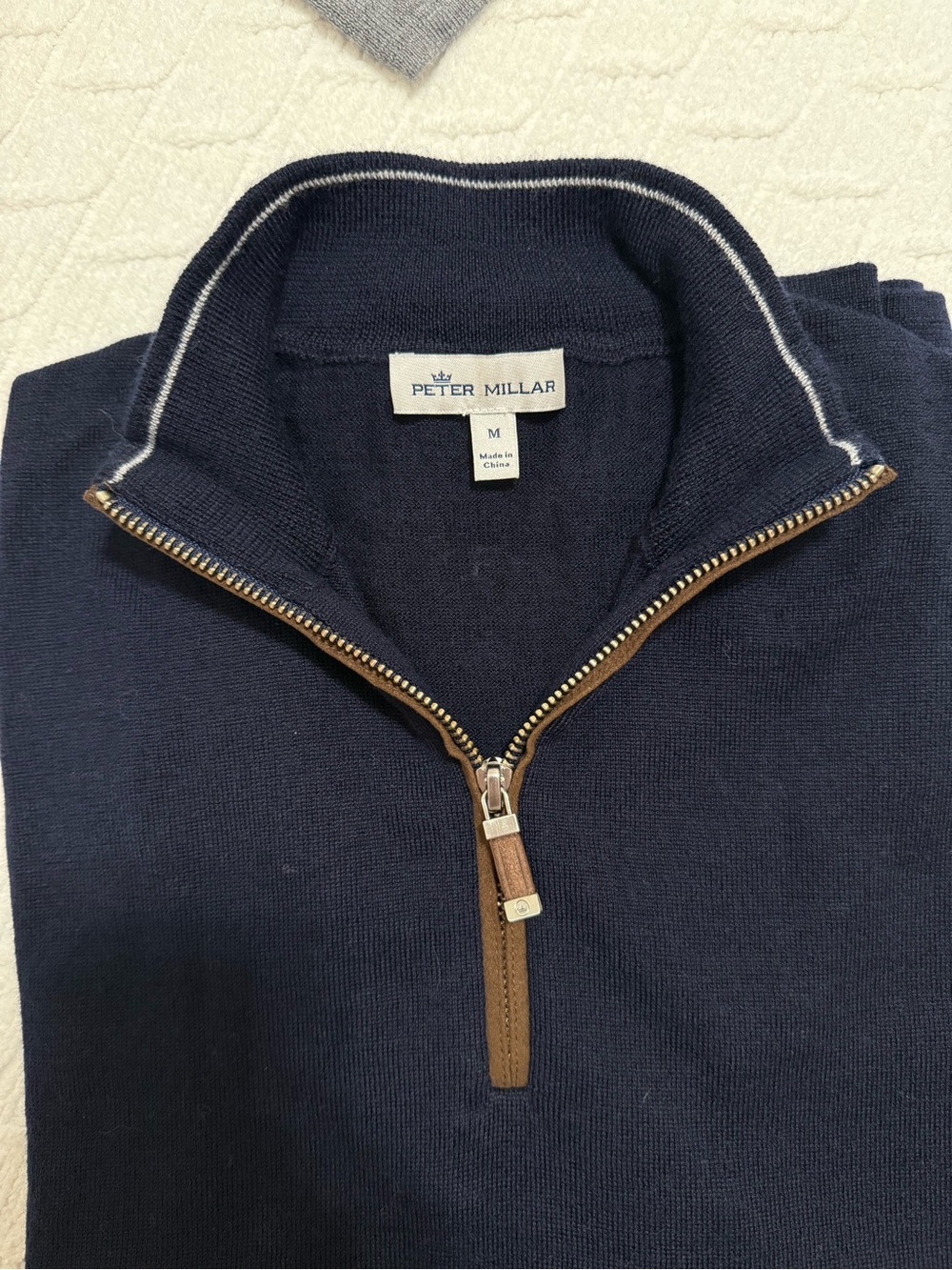 Peter Millar Navy Half-Zip Sweater with Brown Trim